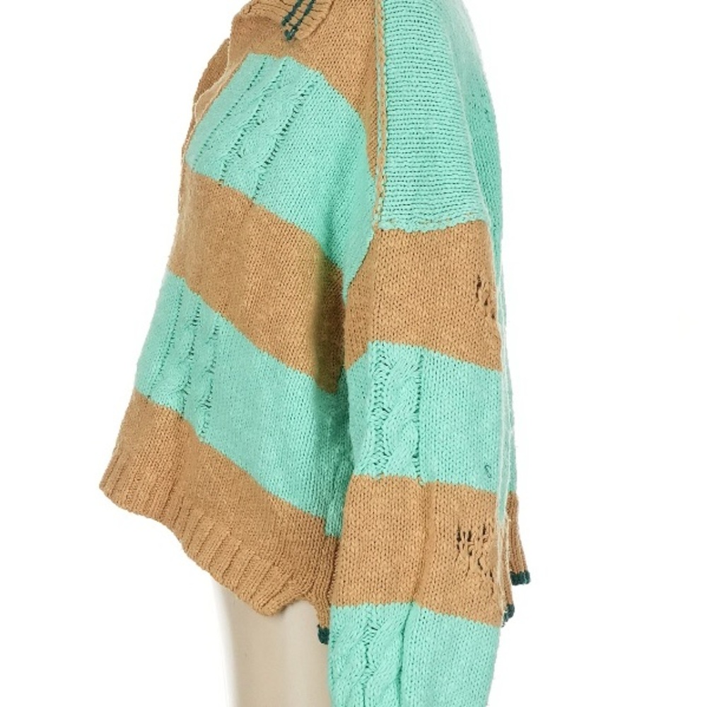 Free People Striped Oversized Knit Sweater Preppy Varsity Look in Teal and Tan - Picture 8 of 8